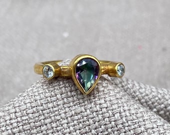 Mystic Topaz Ring, 925 Sterling Silver Pear Cut Ring, White Accent Gemstone Jewelry