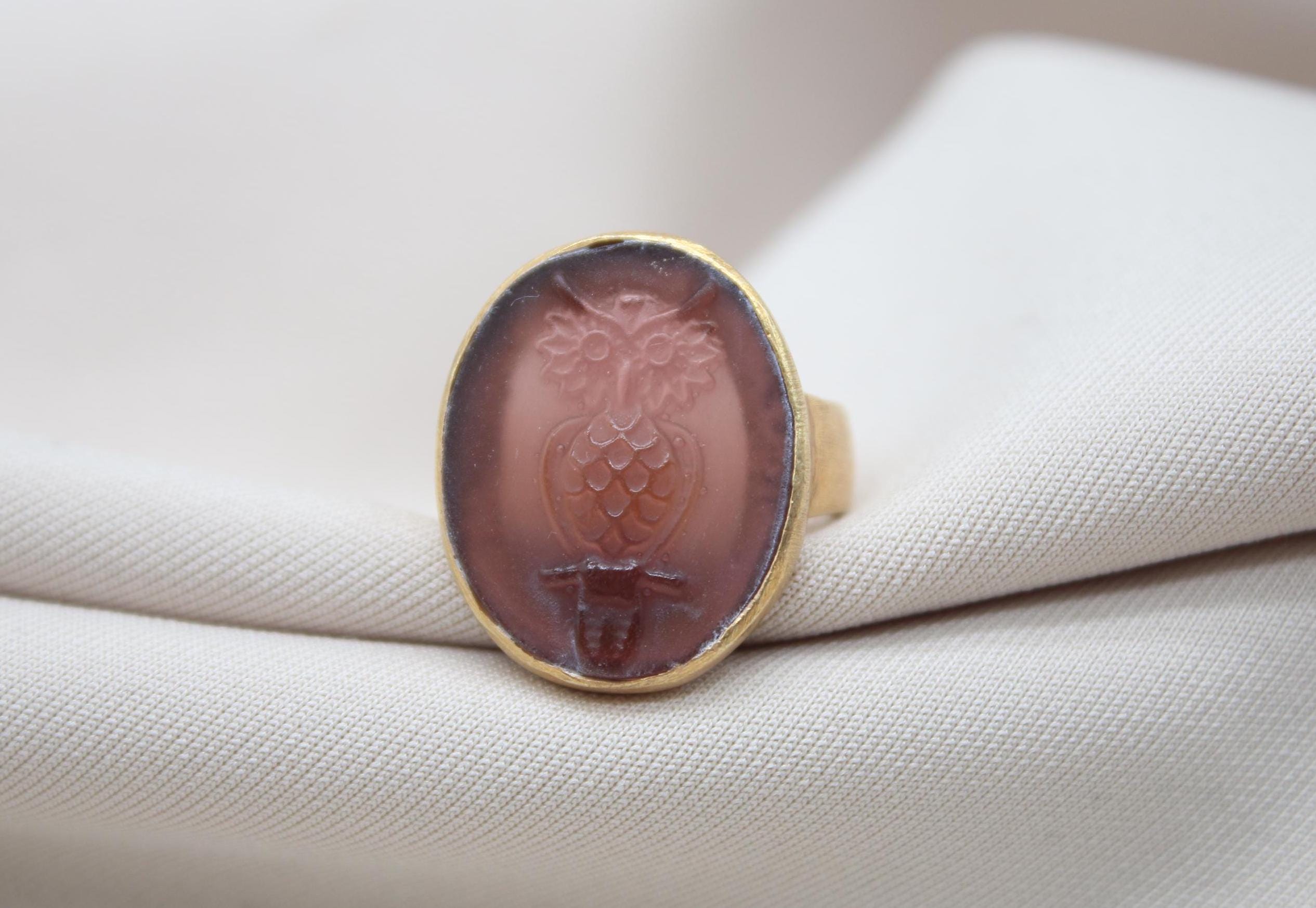 Handmade Ancient Greek Owl Ring, 925 Sterling Silver Intaglio Glass Ring, Athena Symbol Jewelry Uniq