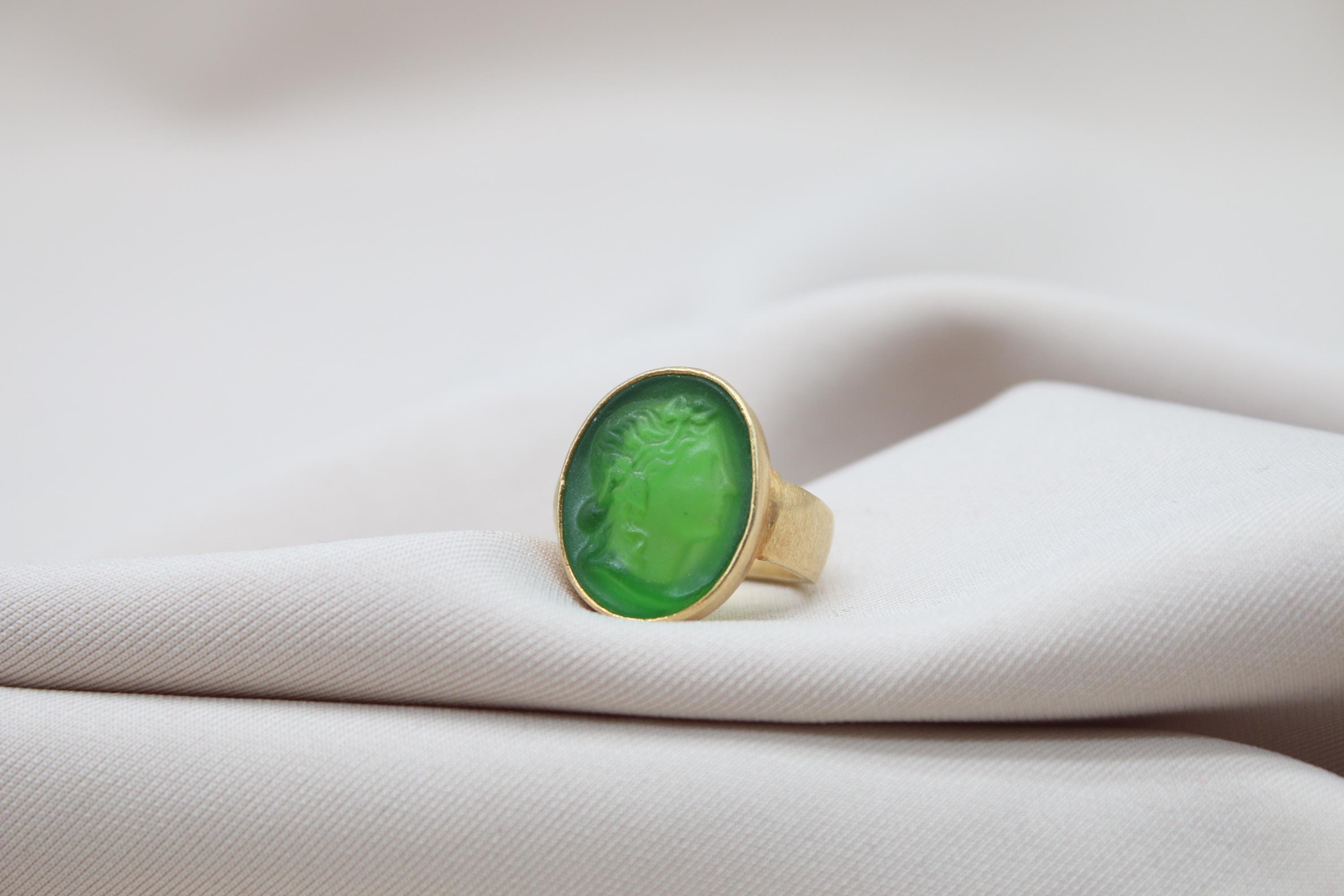 Handmade Apollo Intaglio Ring, Ancient Greek Glass Cameo, Gold Plated ...