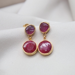 Natural Ruby Earrings, Handmade 925 Sterling Silver Stud Earrings, Gold Plated Earrings, Raw Gemstone Jewelry, Gift For Her, Mother’s Day