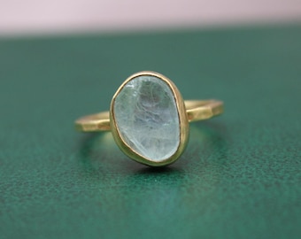 Raw Aquamarine Ring 22k Gold Plated Sterling Silver Minimalist Gemstone Ring