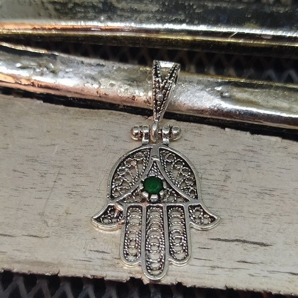 Diamond Hamsa Pendant Silver , Small Diamond Silver Hamsa Pendant ,Emerald Pendant Silver Gold Over  Hand of Fatima Pendant Emerald