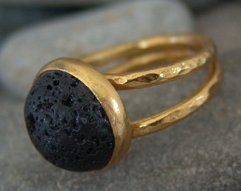 Handmade Lava Stone Ring, 24k Gold Plated Sterling Silver