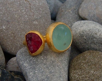 Ruby & Aquamarine Ring, 925K Sterling Silver, Handmade