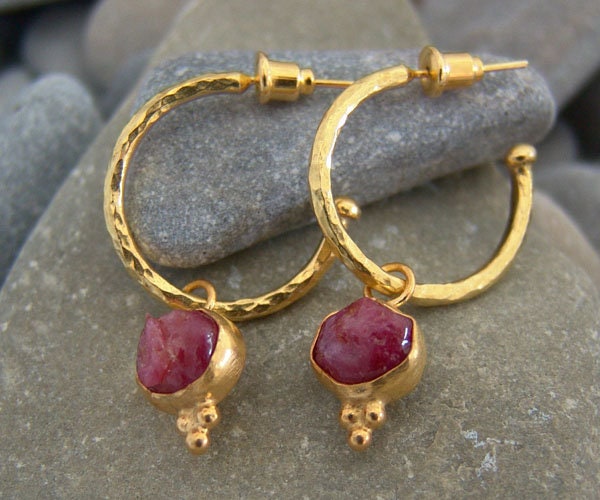 Raw Ruby Silver Earrings, Huggie Earrings, Charm Earrings, Handmade Jewelry, Christmas Gift