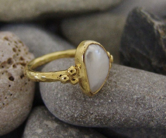 Hammered Sterling Silver Pearl Ring - 24K Gold Over, Handmade