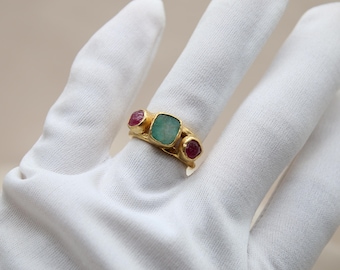 Raw Ruby and Genuine Emerald Double Band Silver Ring: A Unique Vintage Christmas Gift