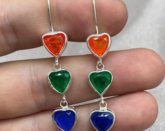 Pendientes de esmeralda, zafiro y cornalina, pendientes colgantes de plata de ley 925 con forma de corazón y piedras preciosas.