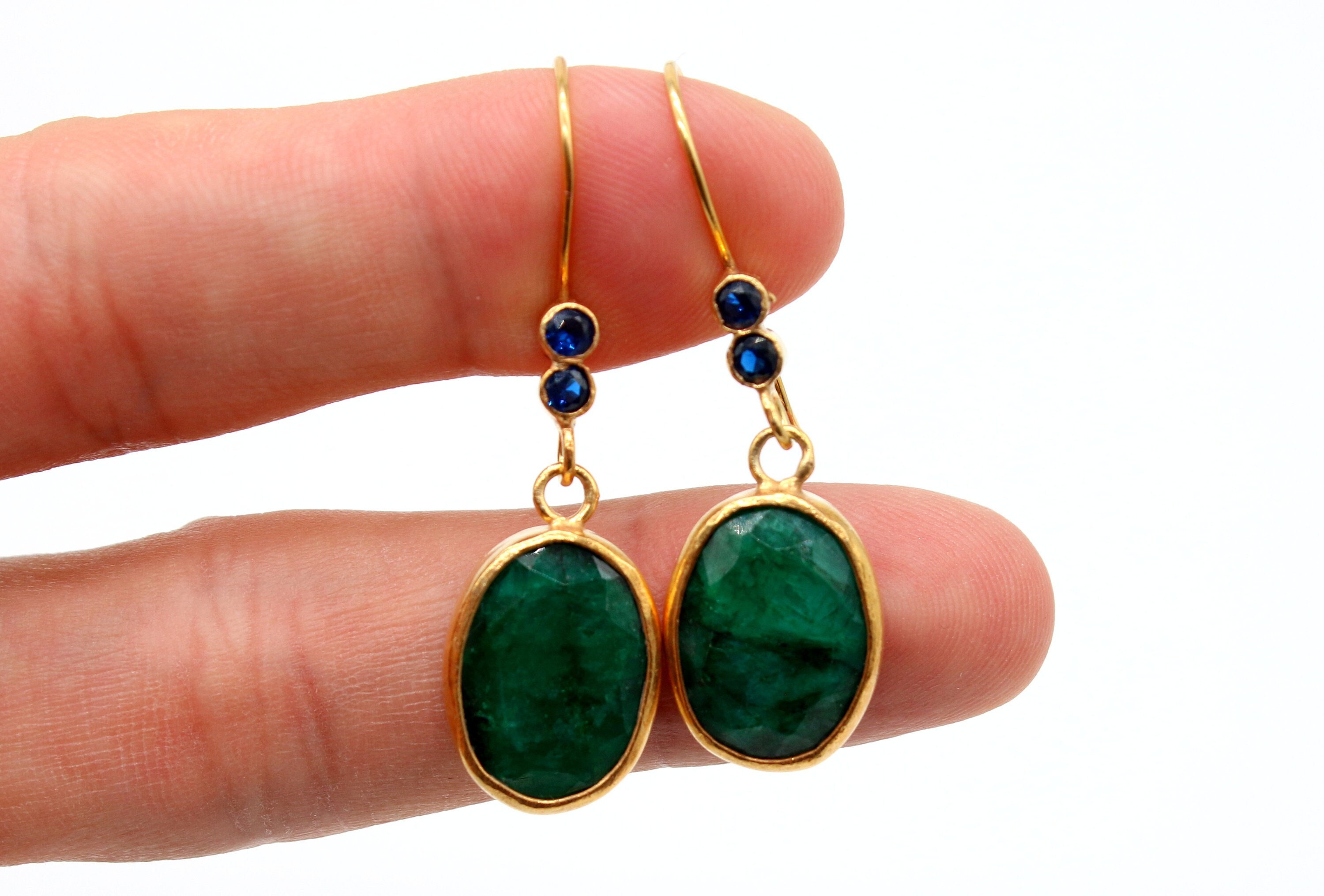 Emerald Silver Earrings Green Stone Earrings 24k Gold Over Vermeil Earrings Birthstone Christmas Earrings Dainty Gift