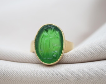 Handmade Aphrodite Intaglio Ring, Sterling Silver Green Glass, Ancient Greek Jewelry