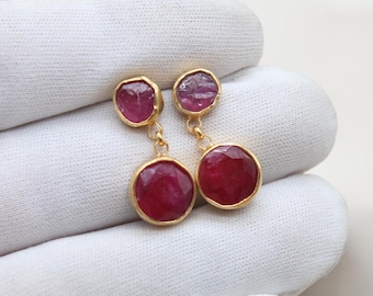 Handmade Gold Sterling Silver Ruby Dangle Earrings: Gemstone Jewelry