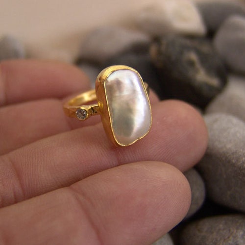 Hammered Sterling Silver Pearl Ring, 24K Gold Over Handmade
