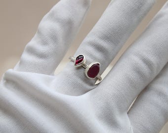 Natural Rhodolite Garnet and Raw Ruby Silver Ring, Christmas Gift, Handmade Jewelry