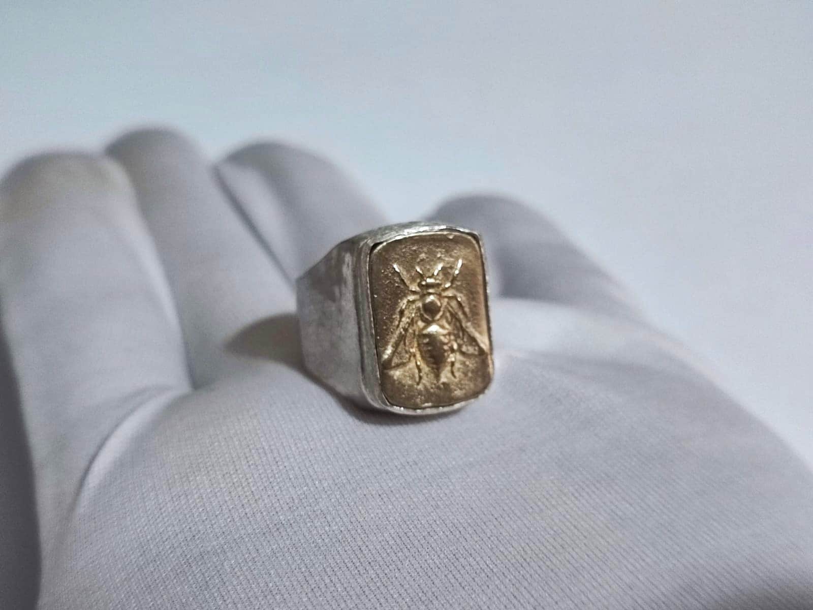 Men Bee Silver Signet Ring Roman Coin Sterling Silver Ring 24k Gold over Blessing Ring Ionia Ephesus Coins Ring zeus ring Honey Bee Ring