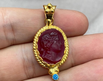 Aphrodite Red Glass Intaglio Pendant, 925 Sterling Silver Gold Tone Cameo Jewelry