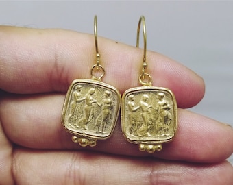 Three Human Earring Roman Coin Earrings Silver  925K Sterling Silver  Gold Over Dangle Earrings  Ancient Roman Coin  Roman Coin Earrings