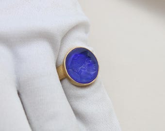 Hermes Intaglio Ring, Handmade Gold Plated Sterling Silver, Greek Mythology Cameo