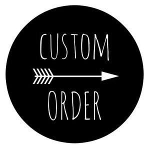 May include: Black and white circle with the text "CUSTOM ORDER" and a white arrow pointing to the right.
