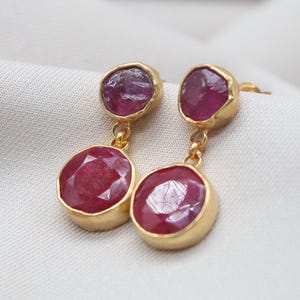 Natural Raw Ruby Drop Earrings in 14k Solid Gold, Handmade Gemstone Stud Dangle, 22k Gold Plated Finish, Luxury Gift for Her, Boho Chic