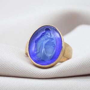 Ancient Greek Intaglio Ring, Handmade Blue Glass Cameo, 925 Sterling Silver Gold Plated, God of Health Signet, Unique Gift for Him or Her
