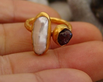 Pearl Silver Ring  Ruby Silver Ring  White Pink Stone Ring  925k Sterling Silver Ring  24k Gold Over Ring