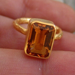 Citrine Ring  925K Sterling Silver  Statement Ring  Bridesmaid Gift Handmade 24K Gold Over  Hammered Roman Art Ring