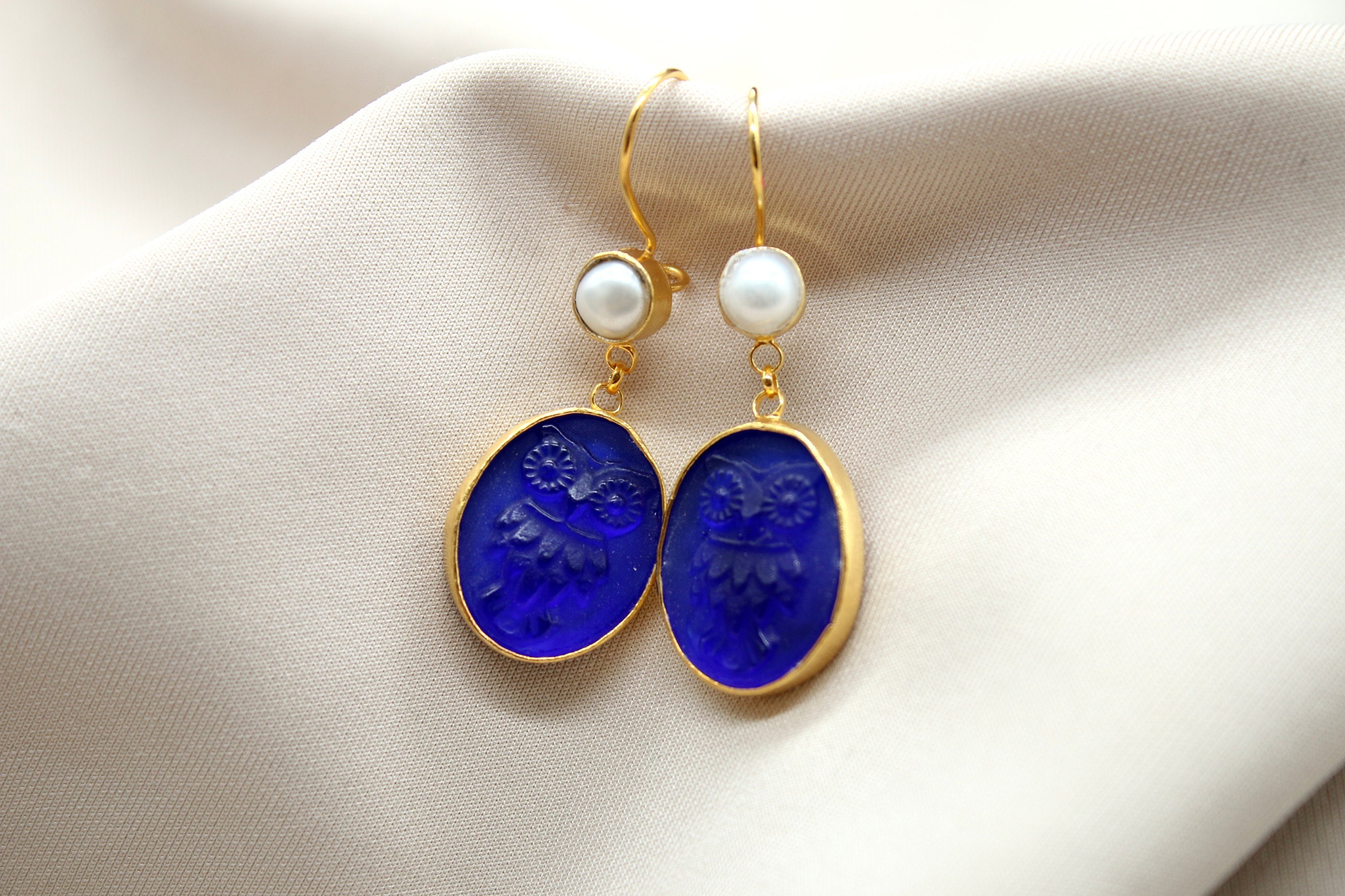 Intaglio Owl and Pearl Silver Dangle Earrings Greek Jewelry Handmade Jewelry