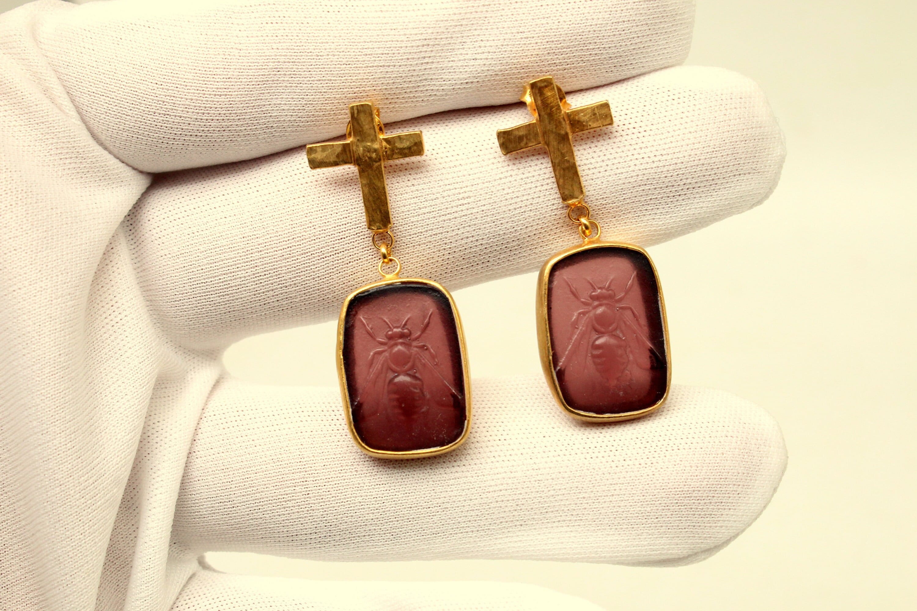 Vintage Gold Cross & Intaglio Bee Earrings, Handcrafted Glass Cameo Dangles, Gothic Jewelry, Unique Gift For Her, Statement Drop Earrings