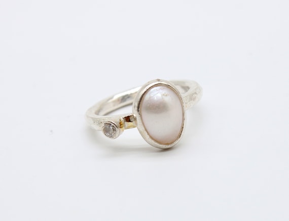 Pearl Ring Solid Silver Hammered Sterling Silver  handmade 24K Gold Over Stackable Ring  Minimalist Ring Dainty Ring Jewellery Rings Statement Rings 
