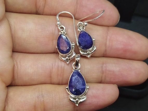 Natural Sapphire Earrings and Pendant Set, 925 Sterling Silver, 24K Gold Over