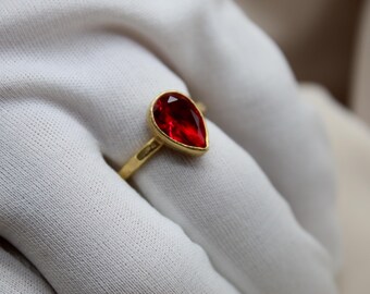 Pear Ruby Sterling Silver Ring, Handmade Jewelry