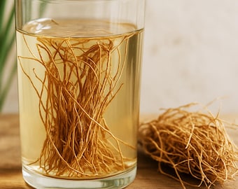 May include: A clear glass of liquid with a bundle of brown, root-like strands submerged inside. A separate pile of similar strands sits beside the glass. The liquid is a light amber color, and the background is a neutral tone.