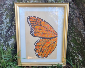Monarch Butterfly Framed Pyrography, Watercolor & Foil Art, Stained glass style butterfly