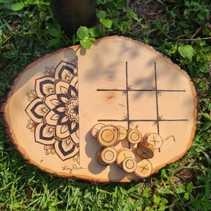Mandala Tic-Tac-Toe Board Games, Rustic Noughts and Crosses Table Top Game, Coffee Table Decor and Game, Wood tic tac toe game image 1