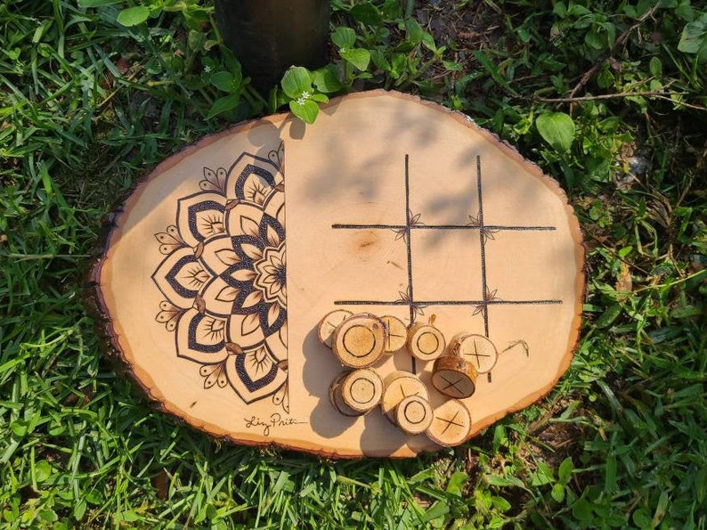 Mandala Tic-Tac-Toe Board Games, Rustic Noughts and Crosses Table Top Game, Coffee Table Decor and Game, Wood tic tac toe game image 1