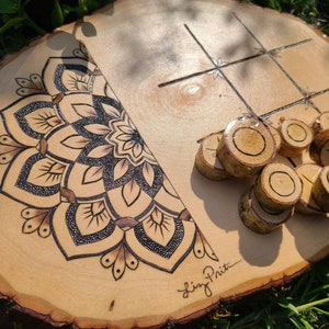 Mandala Tic-Tac-Toe Board Games, Rustic Noughts and Crosses Table Top Game, Coffee Table Decor and Game, Wood tic tac toe game image 3