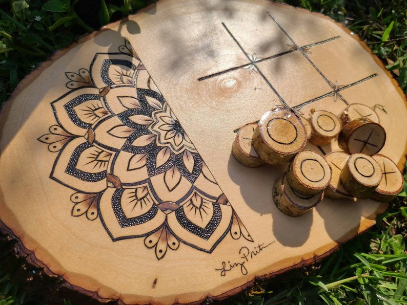 Mandala Tic-Tac-Toe Brettspiele, rustikale Nullen und Kreuze Tischspiel, Kaffeetischdekor und Spiel, Holz-Tic-Tac-Toe-Spiel Bild 3