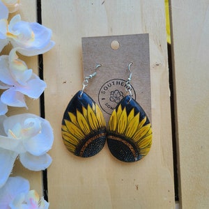 Sunflower Earrings, Custom Woodburned Hand Painted Bright Multicolor Dangle Earrings for Pierced Ears Big Earrings Fun Bright Jewelry