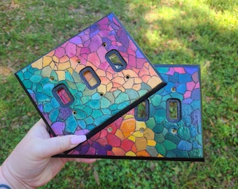 Oversized Stained Glass Light Switch Cover: Hand-Burned Jeweltone Wood