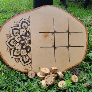 Mandala Tic-Tac-Toe Brettspiele, rustikale Nullen und Kreuze Tischspiel, Kaffeetischdekor und Spiel, Holz-Tic-Tac-Toe-Spiel Bild 2
