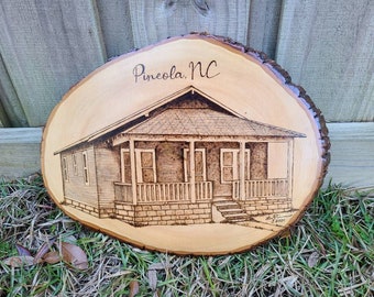 Home Portrait Custom Art, Personalized Wood-Burned House on Basswood Slab, House Warming Gift, New Home Owner Welcome Gift