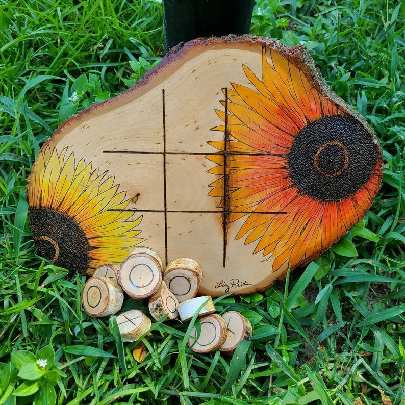 Sunflower Tic-Tac-Toe Board Game, Rustic Noughts and Crosses Table Top Game, Coffee Table Decor and Games, Wood tic tac toe game image 2