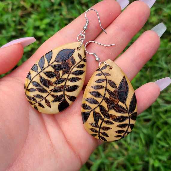 Vine Teardrop Wood Earrings Leaves and Vines Custom Woodburned