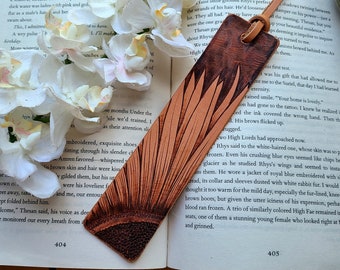Sunflower leather bookmark, hand-burned sunflower on leather bookmark