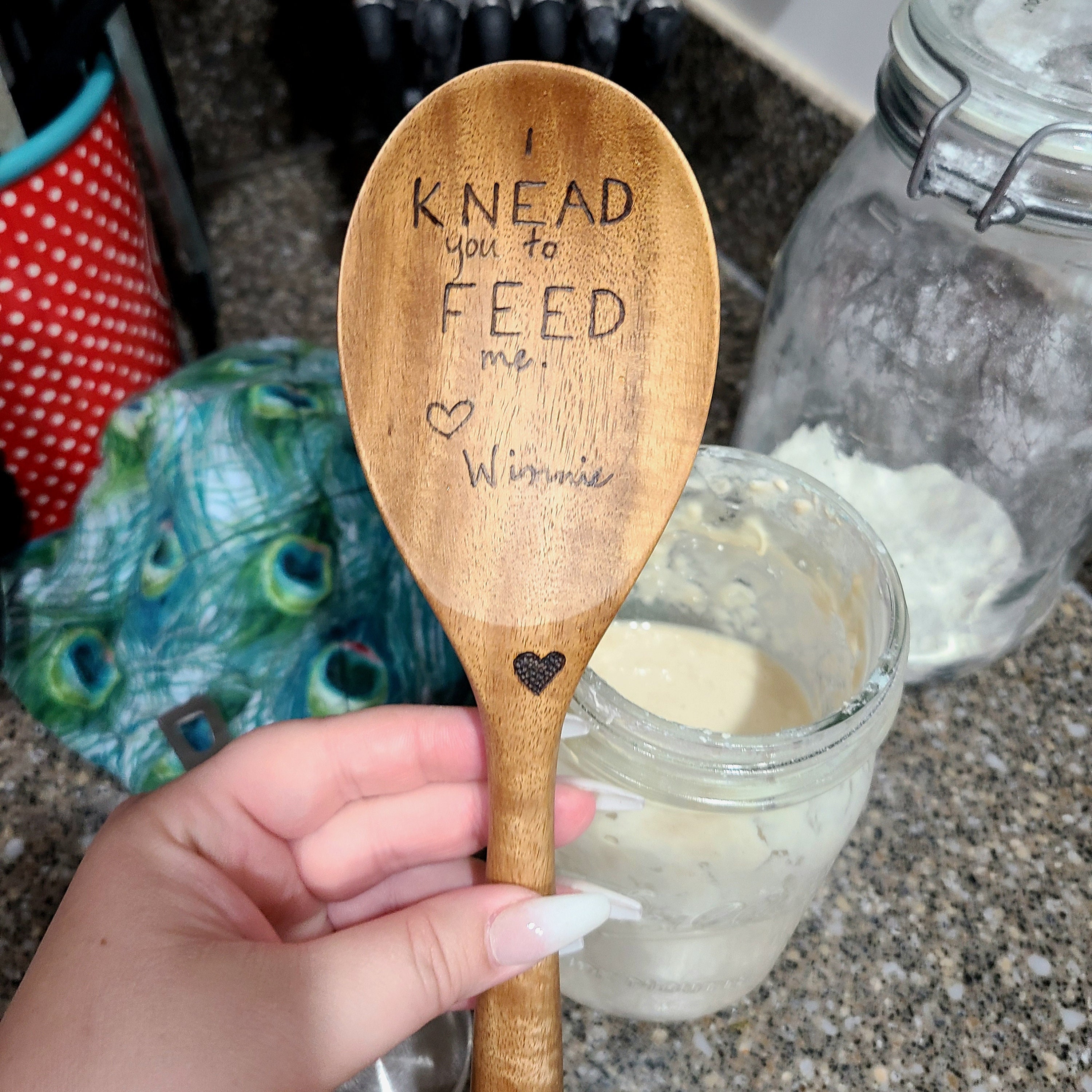 Sourdough Starter Stirrer Wood Spoon, Knead You to Feed Me