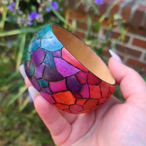 Stained-glass Wood Bangle Bracelet, Large, Hand-burned hand-painted, chunky bold bright jewel tones bangle