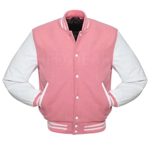 May include: A pink varsity jacket with white sleeves and accents. The jacket has a button-up front, pockets, and striped detailing on the cuffs and hem. The collar is a ribbed knit.