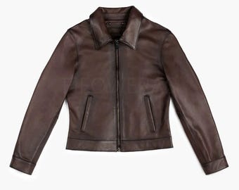 Women&#39;s Biker Edition Jacket Old English Full-Grain Leather Premium Black Lambskin Leather Walnut Hand-Finished Full-Grain Leather