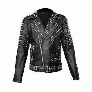 Men&#39;s Black Leather Jacket with Silver Spikes Handcrafted Spiked Leather Jacket for Rockers