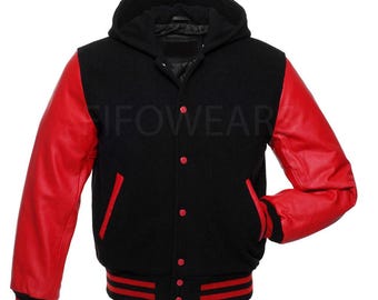 Black Wool / Red Leather Sporty Chic Unisex Varsity Jacket with Luxe Leather Details